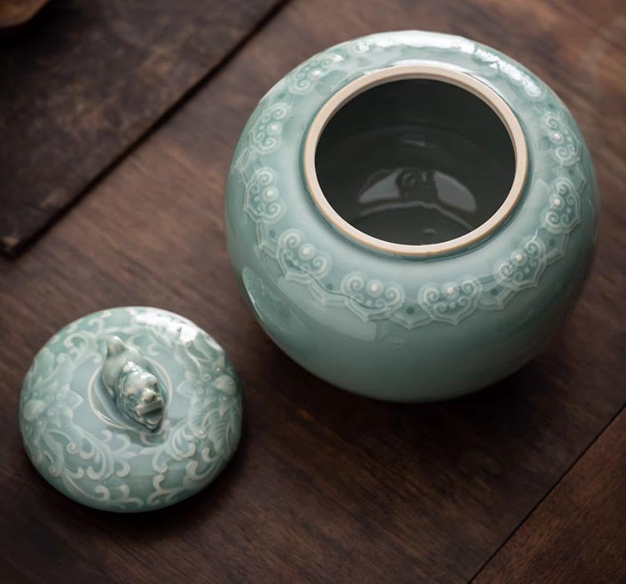 中国美術 茶筒 茶器 茶入れ 青磁 茶道具 麒麟紋 送料込み 中国美術 茶筒 茶器 茶入れ 青磁 茶道具 青麒麟紋茶壺 中国茶 景徳